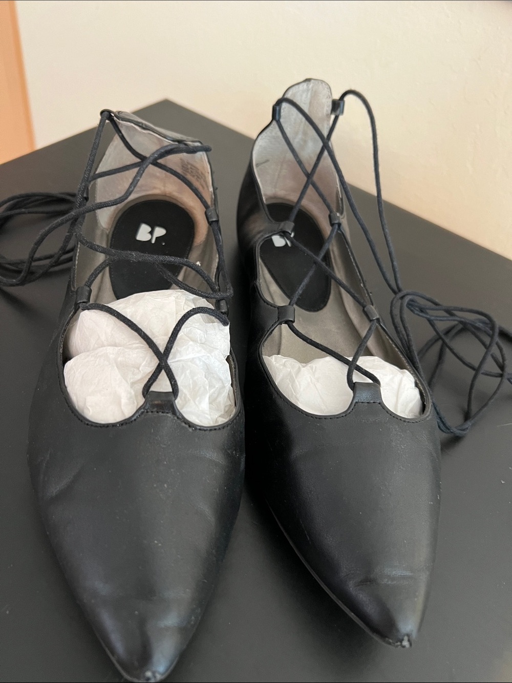 bp Black Lace-Up Pointed Toe Flats with Scalloped Vamp